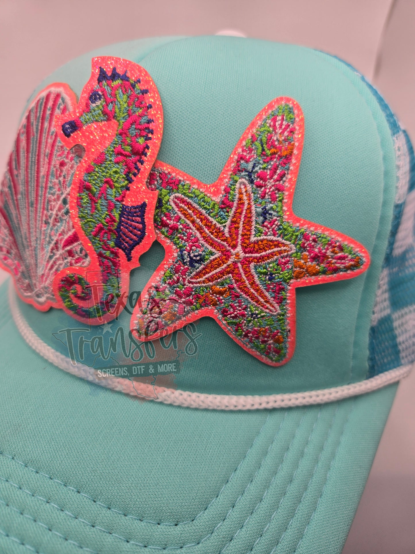 Coral Glitter Seahorse Iron-On PATCH - Texas Transfers and Designs