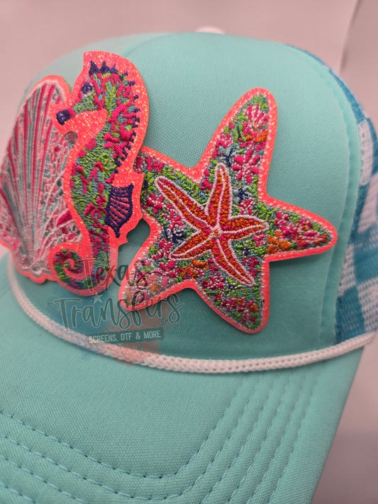 Coral Glitter Seahorse Iron-On PATCH - Texas Transfers and Designs