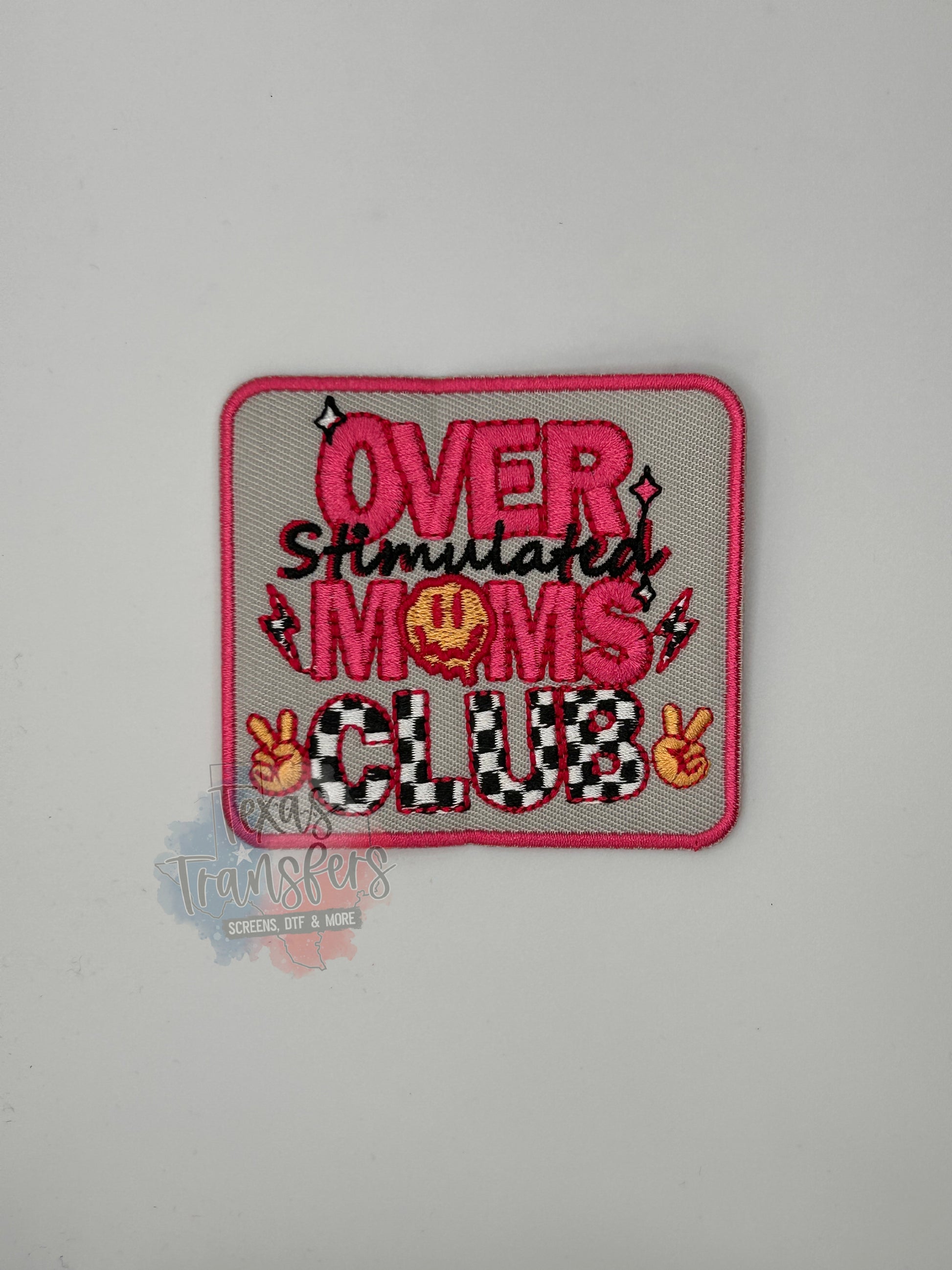 Overstimulated Mom's Club Checker Iron-On PATCH - Texas Transfers and Designs