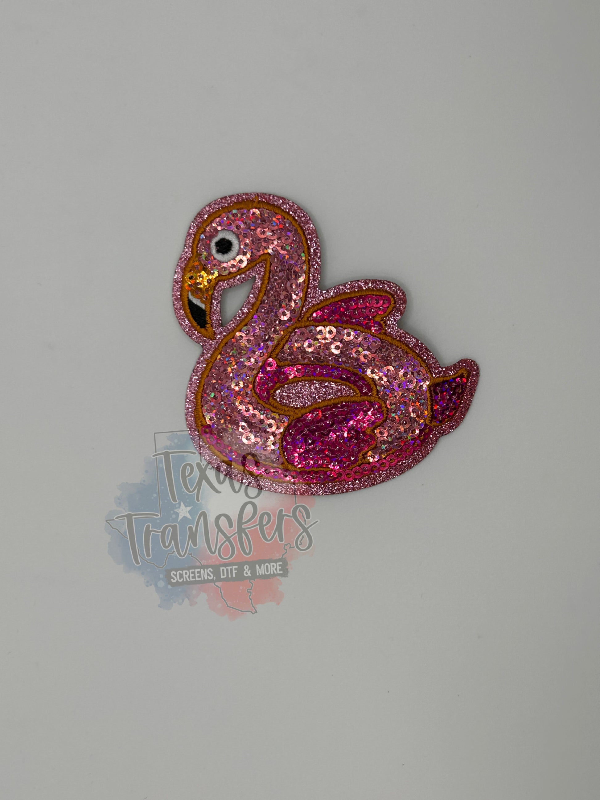 Sequin Flamingo Float Iron-On PATCH - Texas Transfers and Designs