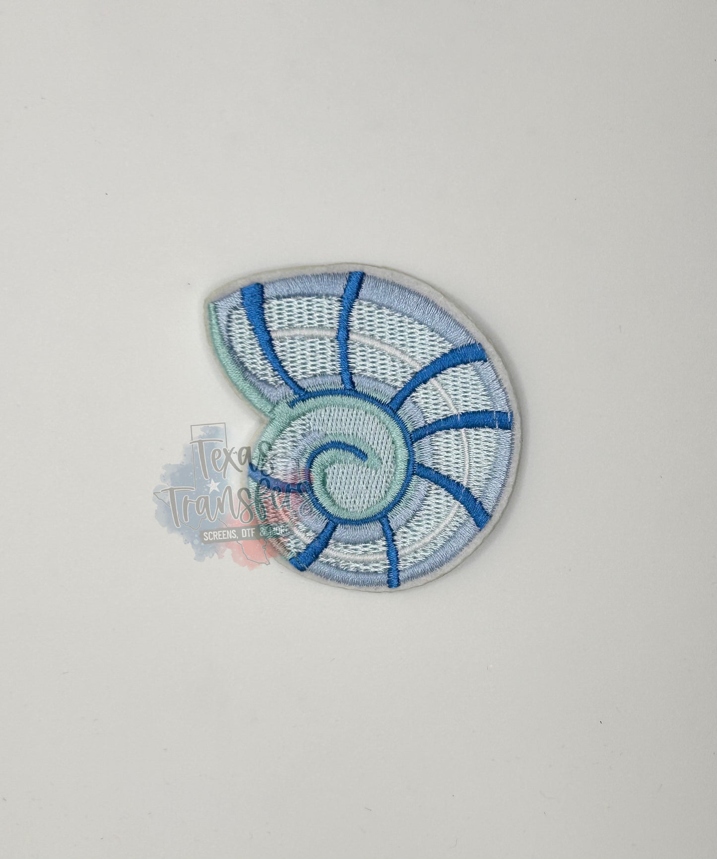 Spiral Blue Shell Iron-On Patch *DISCONTINUED* - Texas Transfers and Designs