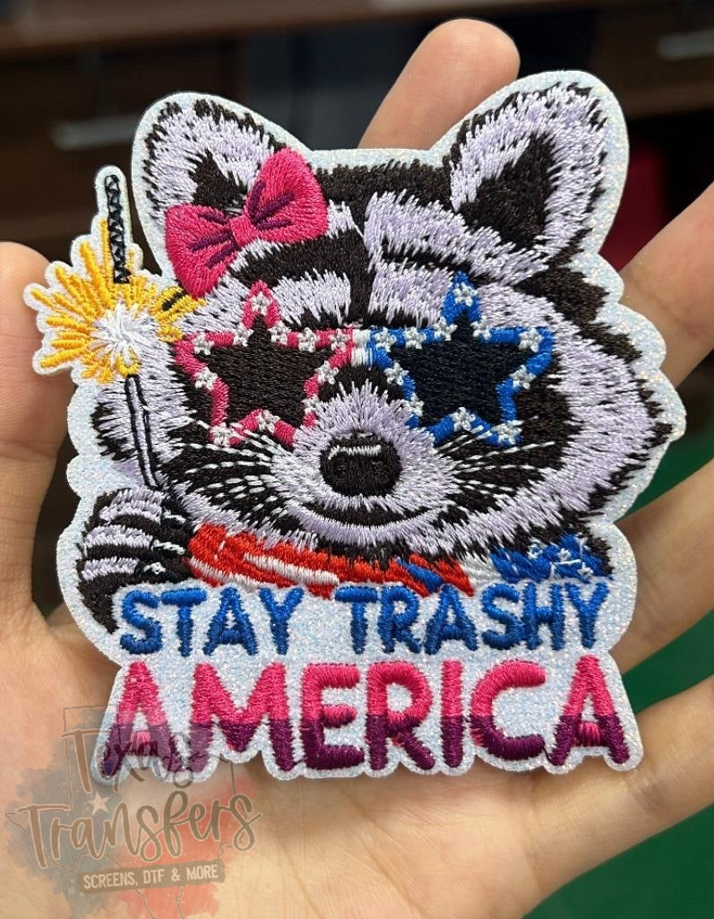 Stay Trashy America Raccoon Iron-On PATCH - Texas Transfers and Designs