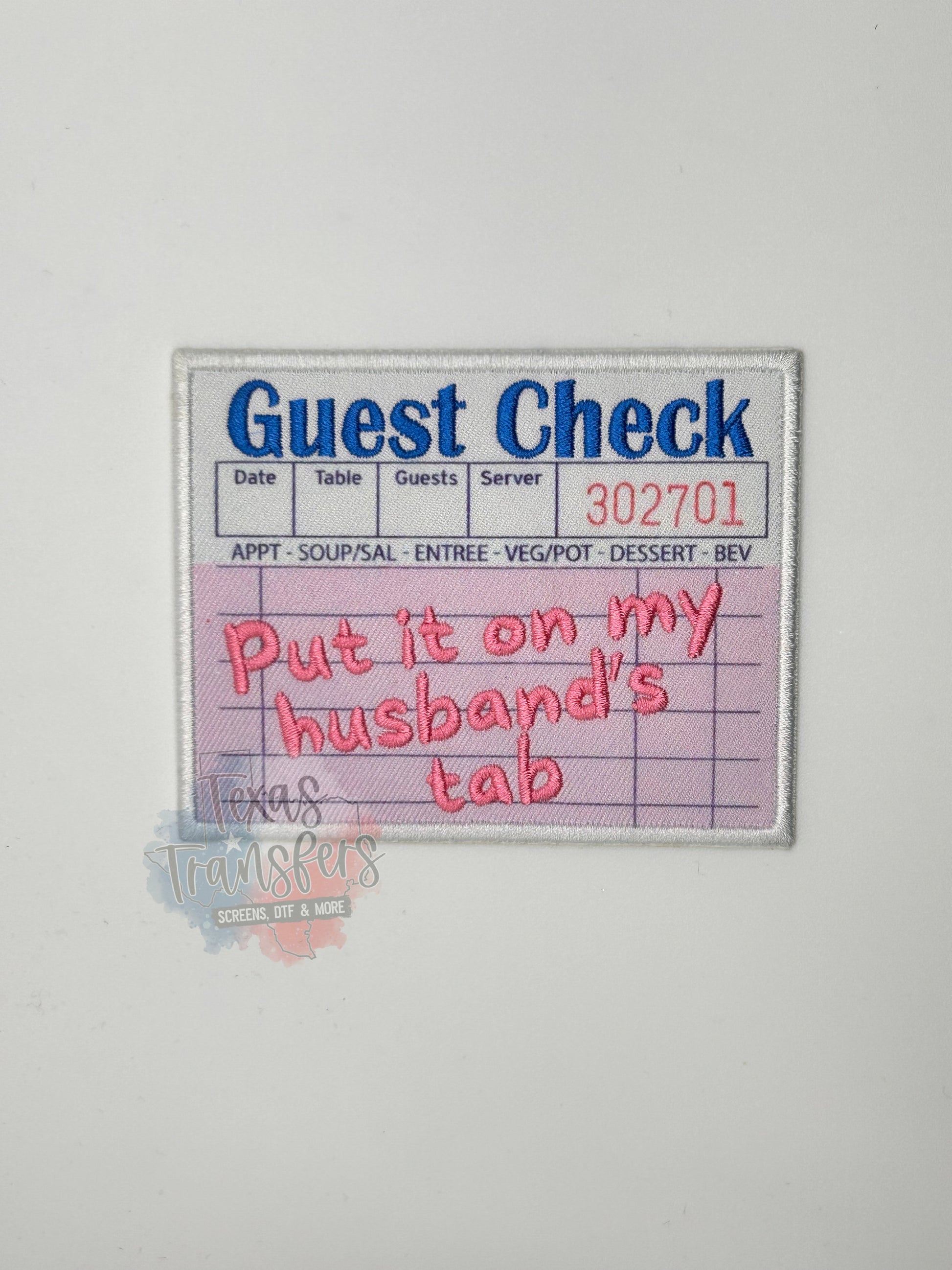 Put It On My Husband's Tab/Guest Check Iron-On PATCH - Texas Transfers and Designs