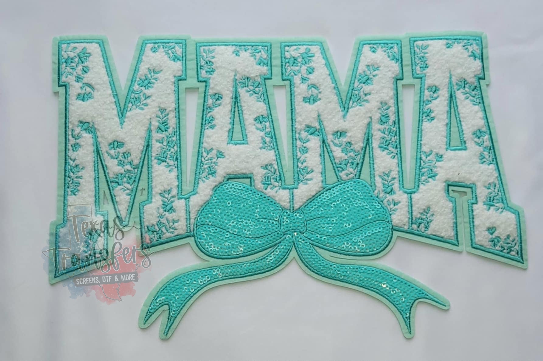 Mama Floral Aqua XL Iron-On Patch - Texas Transfers and Designs