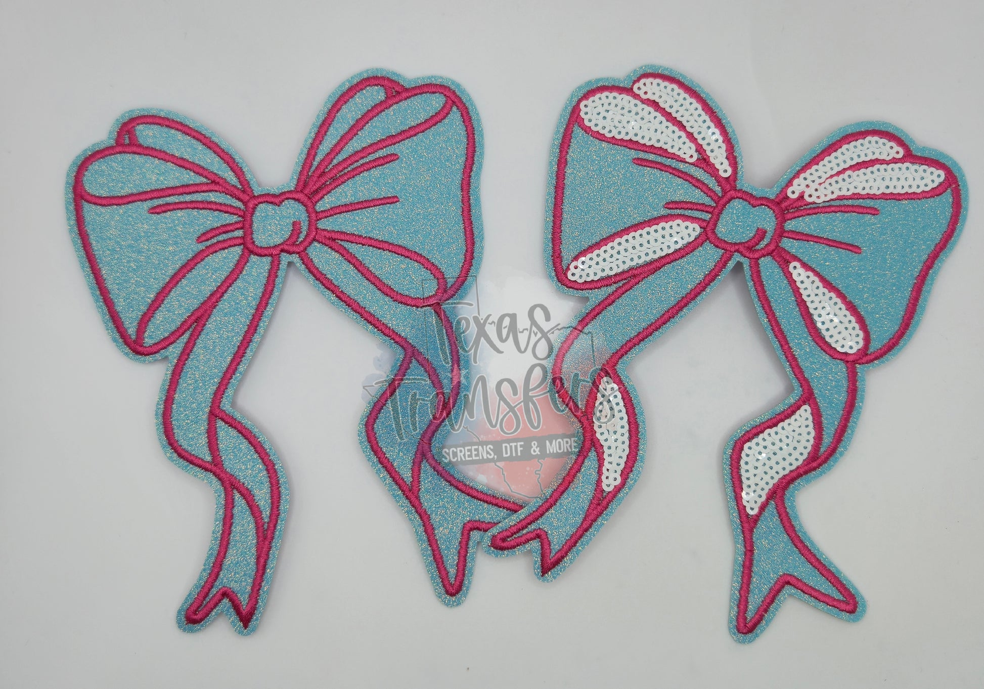 6" Aqua/Pink Bow Iron-On PATCH - Texas Transfers and Designs