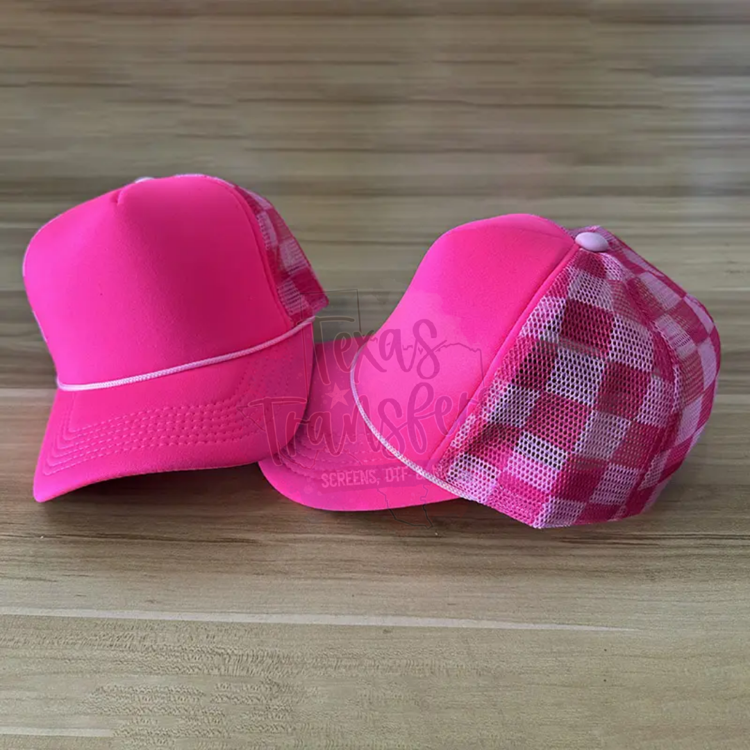 Neon Pink Checker Trucker Hat - Texas Transfers and Designs