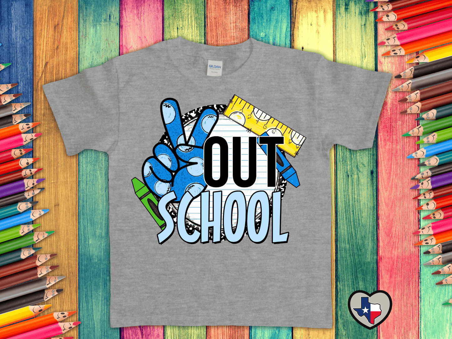 Peace Out School BLUE - HIGH HEAT - Texas Transfers and Designs